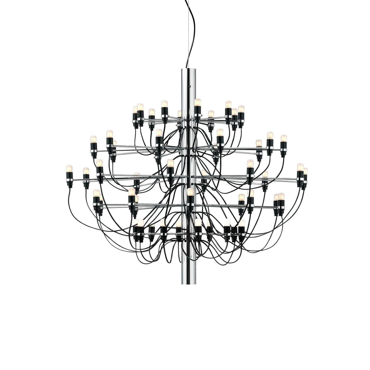 This fuller Clérachic chandelier has a chrome stem and several tiers of curving black cables, shown on white.