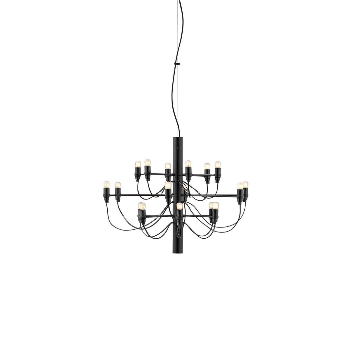 A small Clérachic chandelier in matt black, with two tiers of slim arms and a short stem, on a white backdrop.