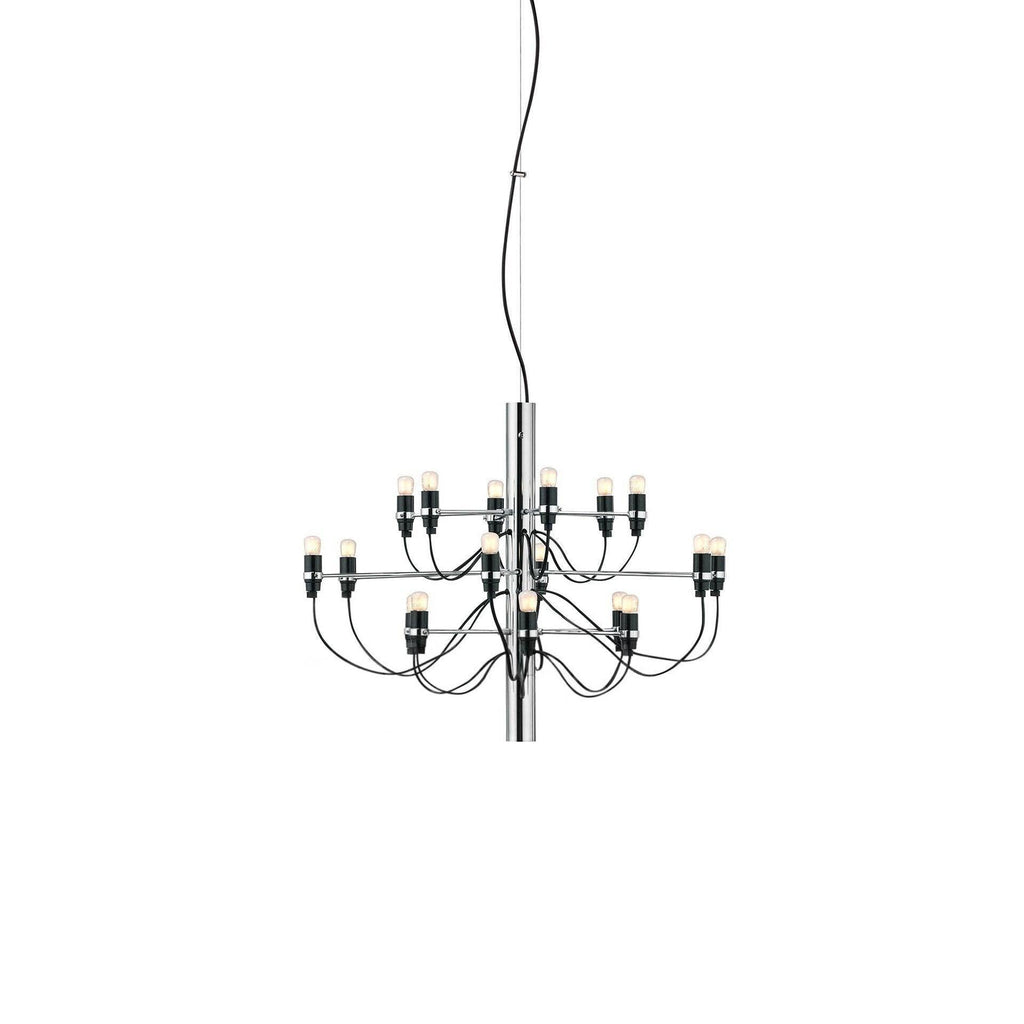 A small Clérachic chandelier with a chrome stem, two tiers of slim arms and exposed bulbs, on a white backdrop.