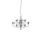 A small Clérachic chandelier with a chrome stem, two tiers of slim arms and exposed bulbs, on a white backdrop.