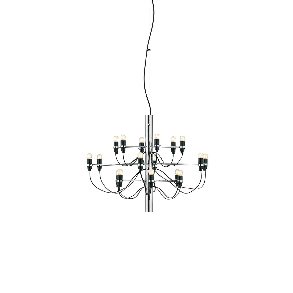 A small Clérachic chandelier with a chrome stem, two tiers of slim arms and exposed bulbs, on a white backdrop.