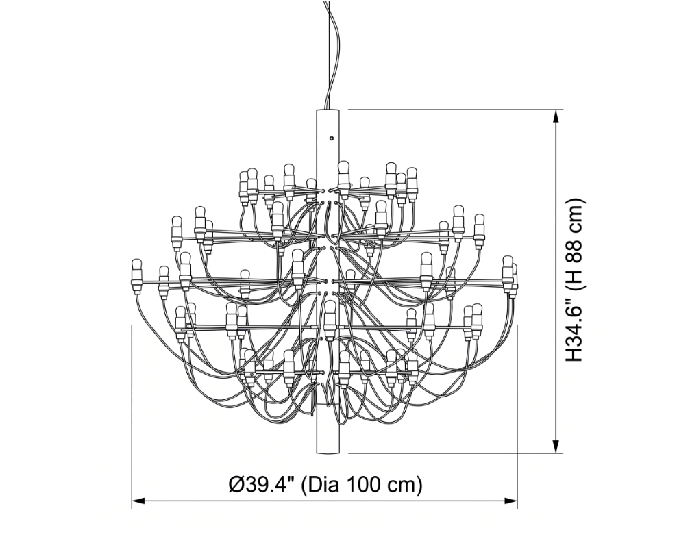 Dimension drawing of this Clérachic chandelier, with its height of 88 cm and diameter of 100 cm marked.
