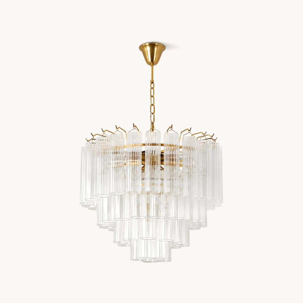 Tiered clear glass rod chandelier from Clérachic with a gold-toned frame and chain, shown on a plain white backdrop.