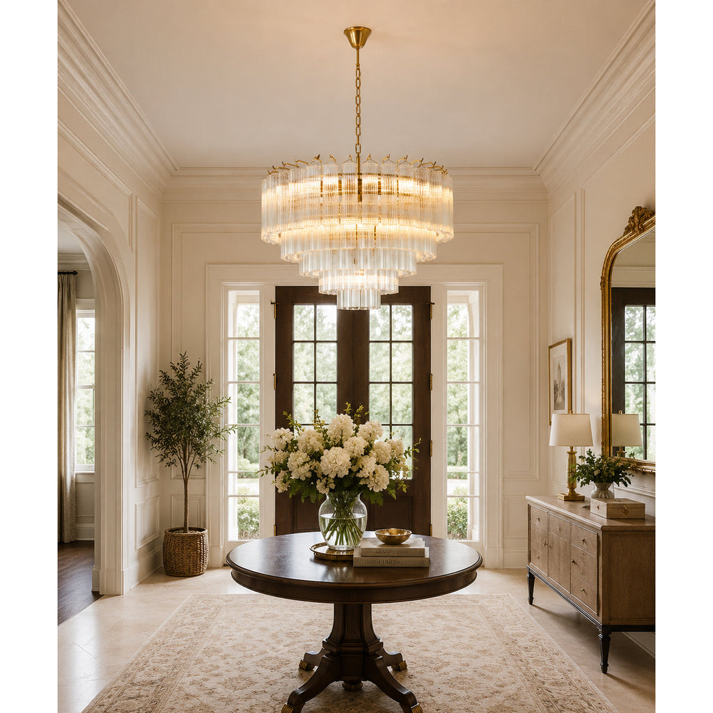 This Clérachic chandelier hangs in a bright entrance hall above a round wooden table holding a large bunch of white flowers.