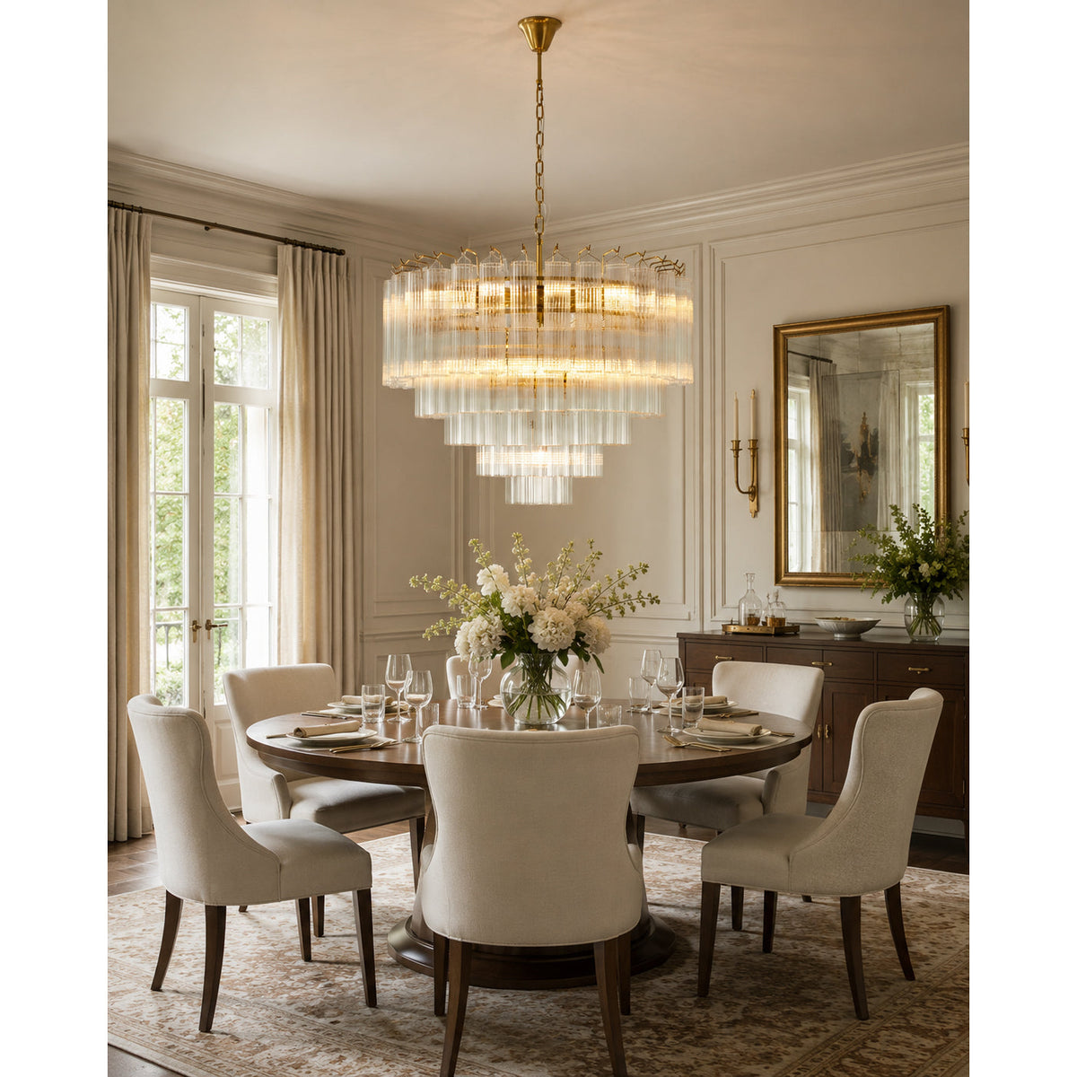 Lit Clérachic tiered glass chandelier over a round dining table with cream upholstered chairs, in a room with tall windows.