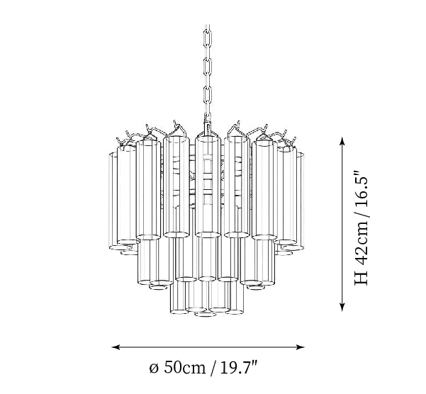 Dimension drawing of this Clérachic chandelier, with its diameter and height marked.