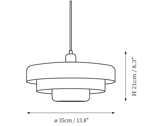 Clérachic pendant light dimension drawing, every measurement marked in centimetres and inches.