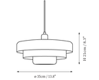 Clérachic pendant light dimension drawing, every measurement marked in centimetres and inches.