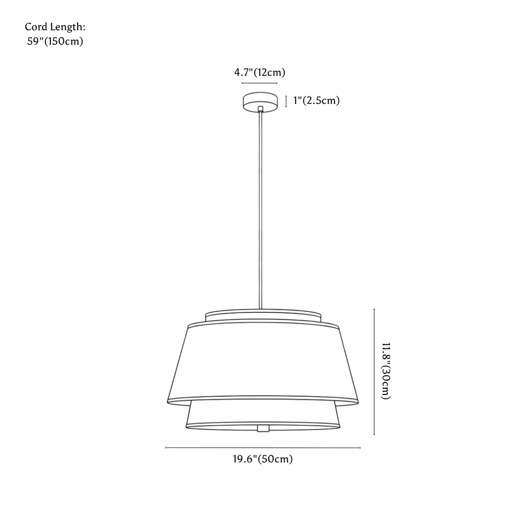 Clérachic pendant light dimension drawing, every measurement marked in centimetres and inches.