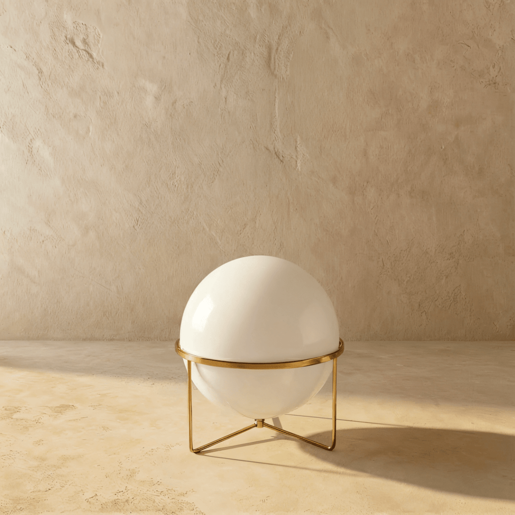 Clérachic single-globe sphere lamp in brass, shown unlit, with the small collar where the three legs meet the underside of the globe.