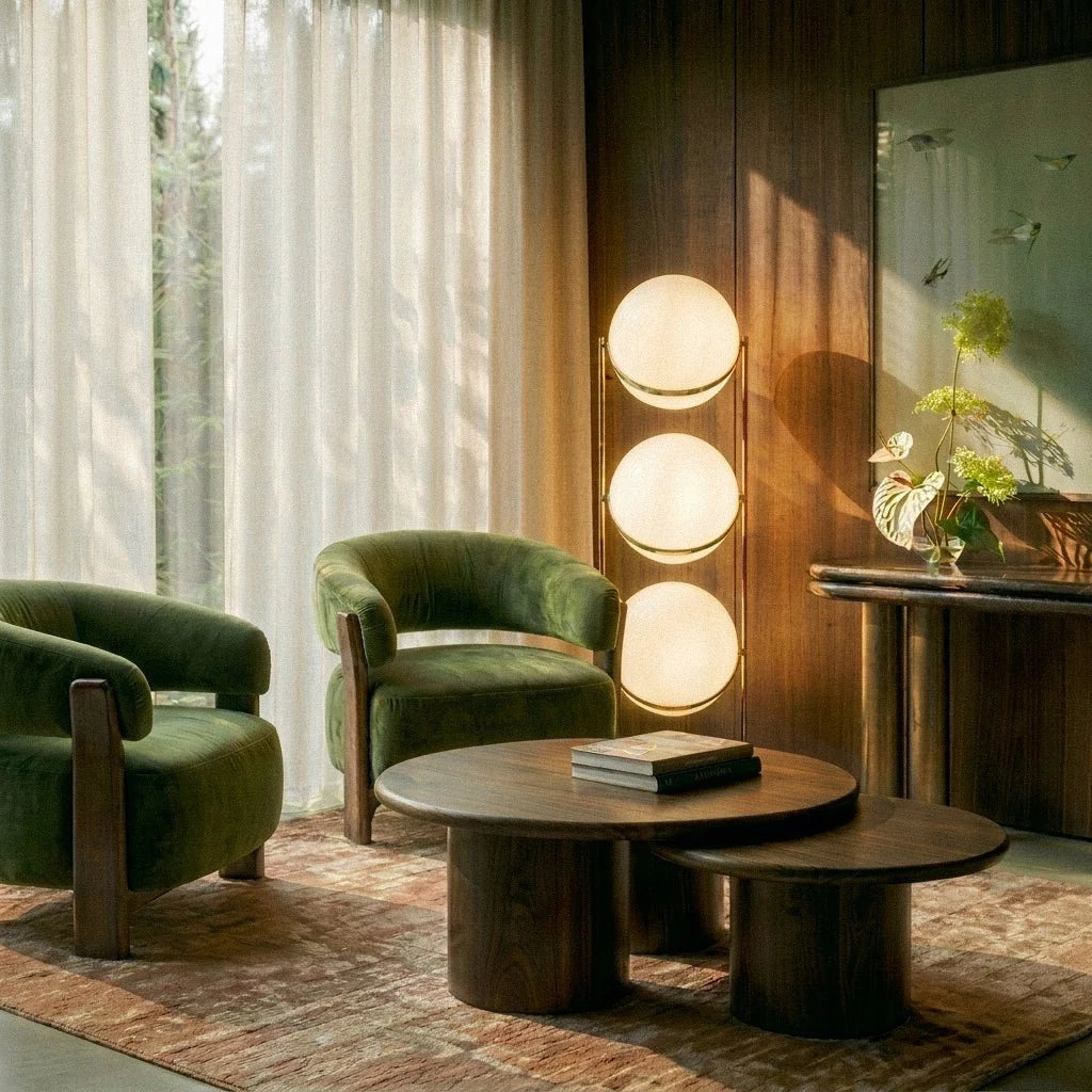 Clérachic three-globe sphere lamp in brass, lit in a daylit room with green velvet armchairs and round wooden nesting tables.