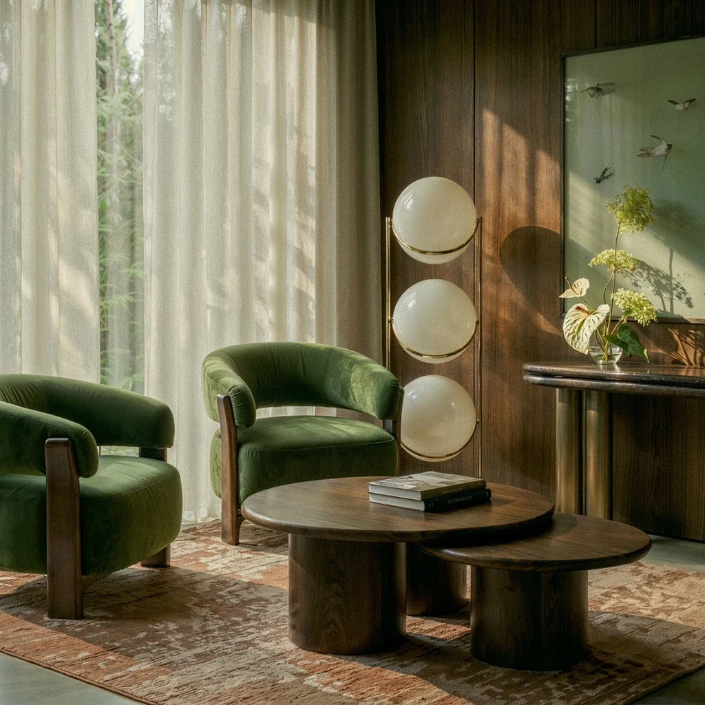 Clérachic three-globe sphere lamp in brass, unlit in the same room, its white globes quiet beside the green velvet armchairs.