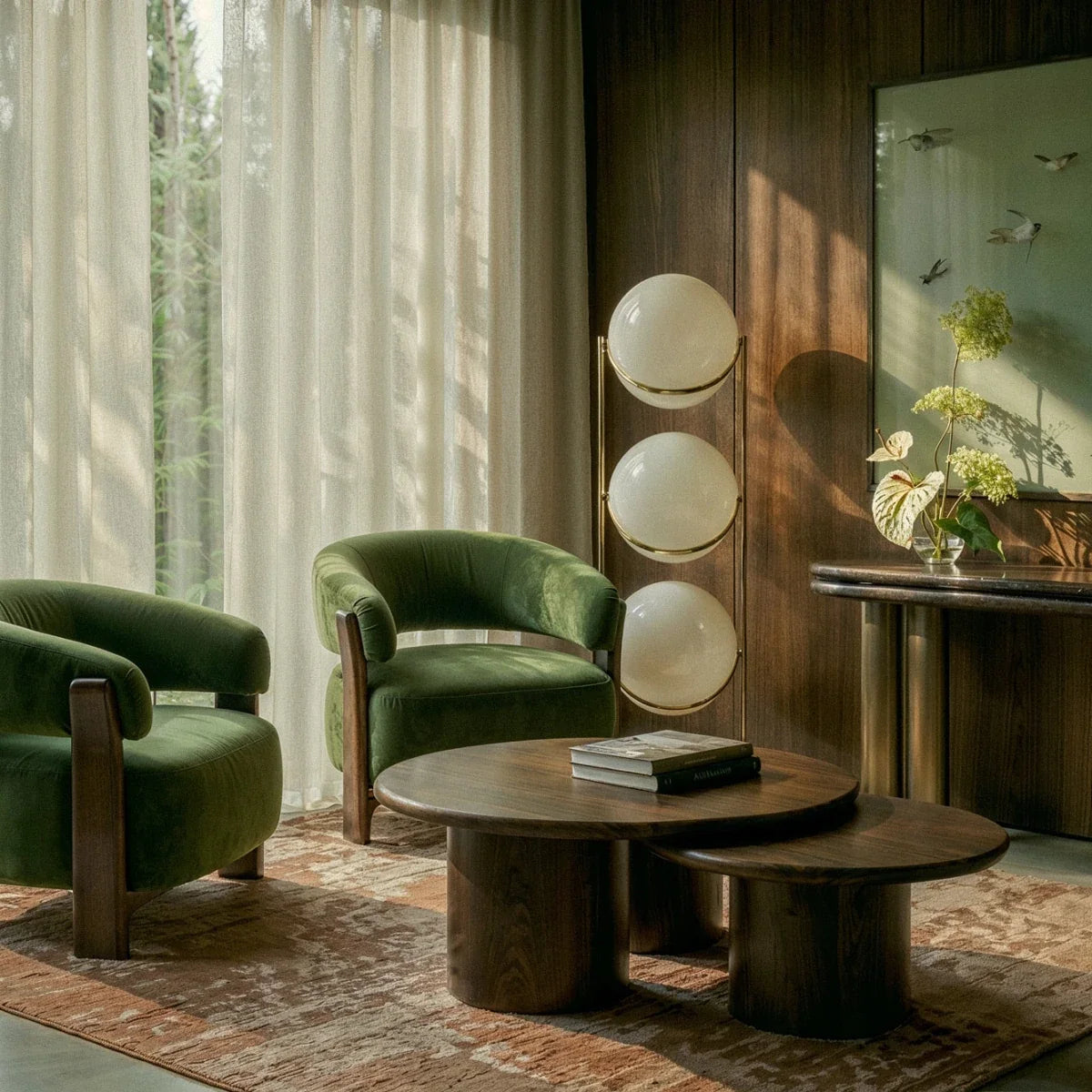 Clérachic three-globe sphere lamp in brass, unlit in the same room, its white globes quiet beside the green velvet armchairs.