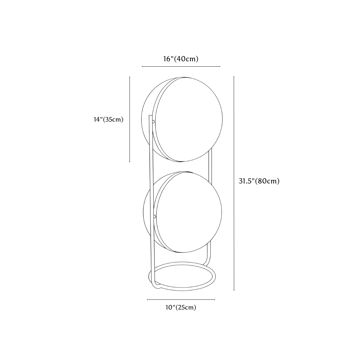 Clérachic floor lamp dimension drawing, 2 Tier, 80 × 40 cm, every measurement marked in centimetres and inches.