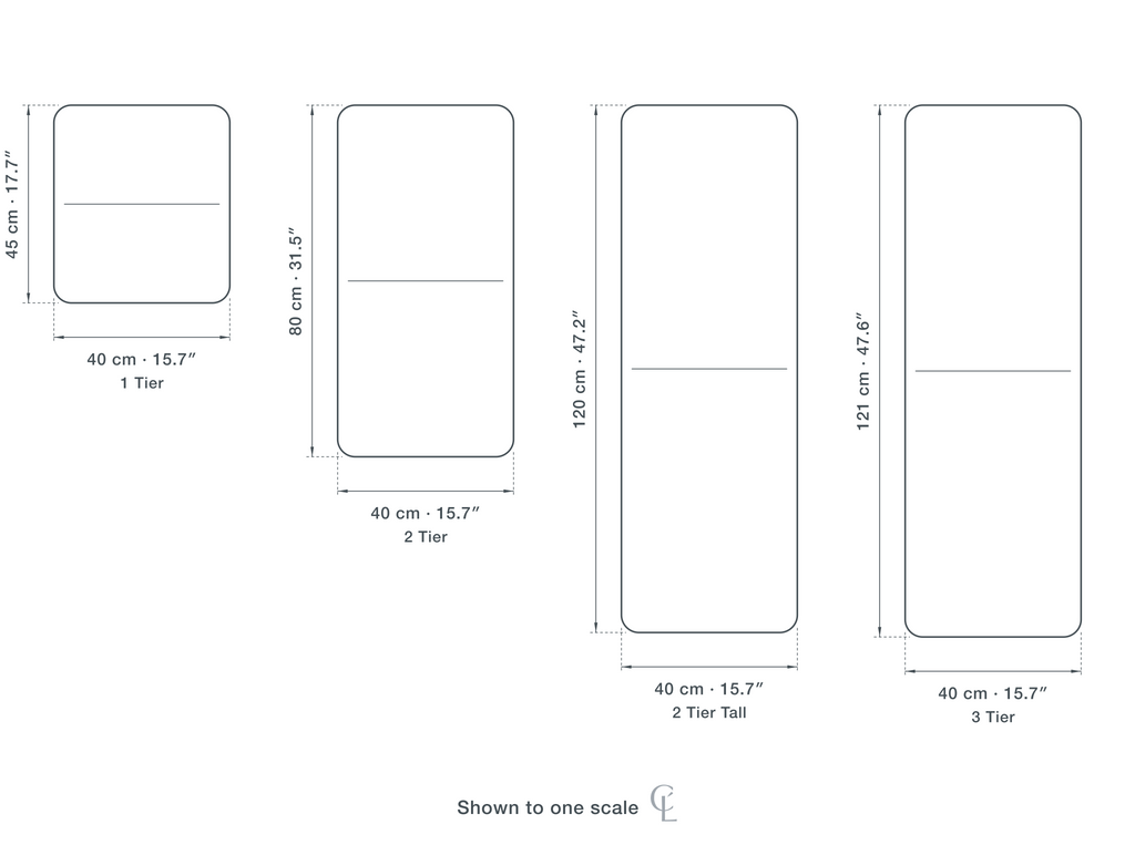 Technical dimension drawing of the Tiered Floor Lamp in all 4 sizes — 1 tier 40 × 45 cm (15.7 × 17.7″), 2 tier 40 × 80 cm (15.7 × 31.5″), 2 tier tall 40 × 120 cm (15.7 × 47.2″), 3 tier 40 × 121 cm (15.7 × 47.6″), drawn to one scale.