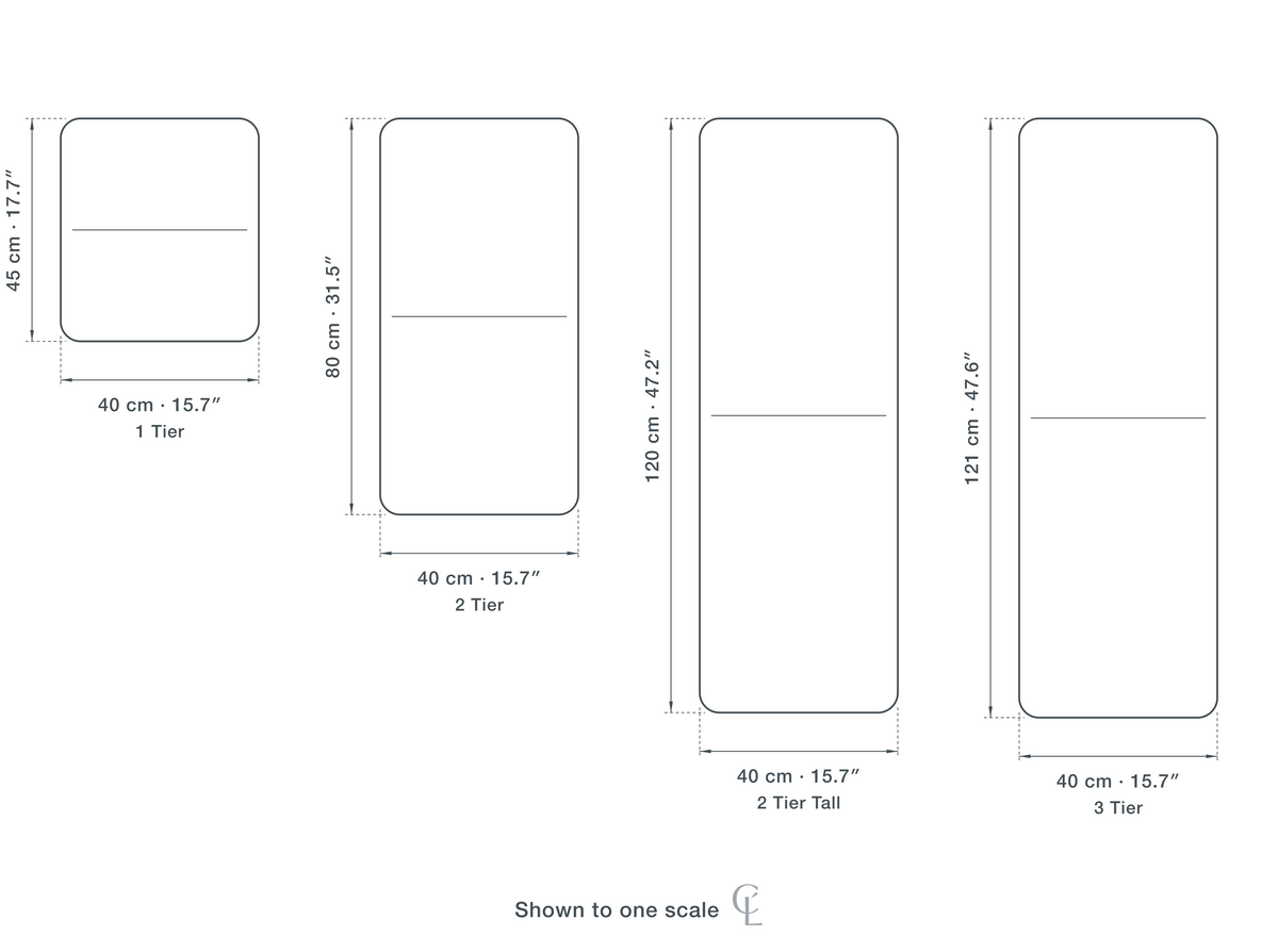 Technical dimension drawing of the Tiered Floor Lamp in all 4 sizes — 1 tier 40 × 45 cm (15.7 × 17.7″), 2 tier 40 × 80 cm (15.7 × 31.5″), 2 tier tall 40 × 120 cm (15.7 × 47.2″), 3 tier 40 × 121 cm (15.7 × 47.6″), drawn to one scale.