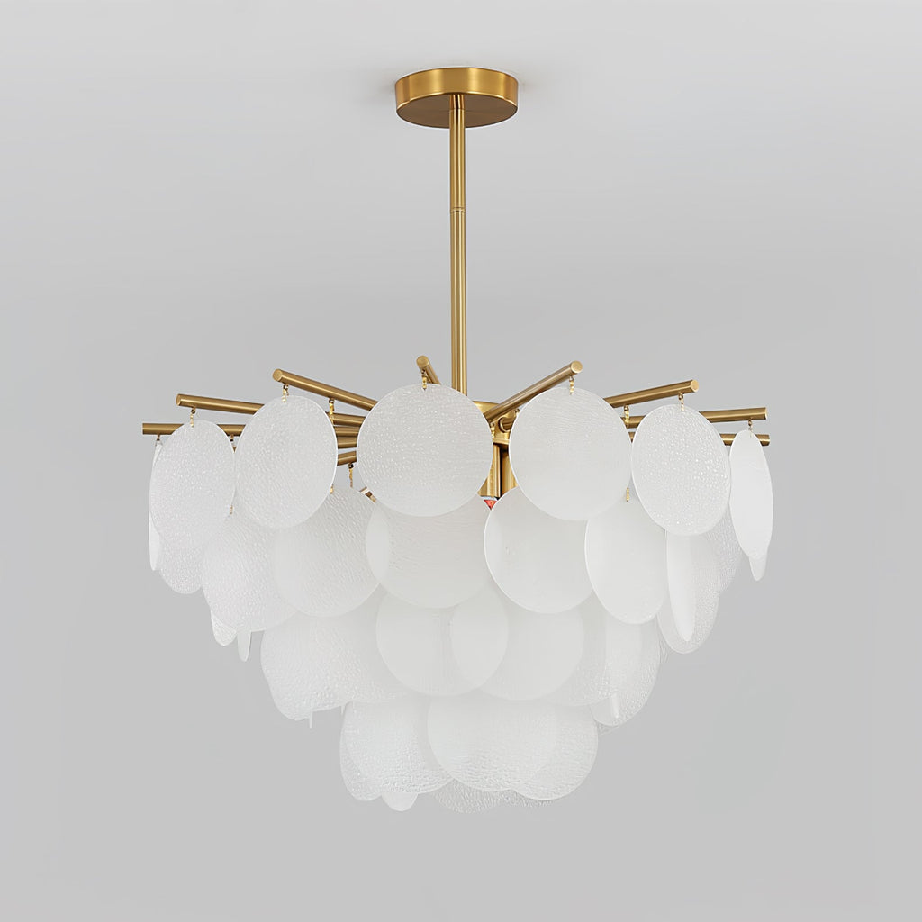 Unlit Clérachic chandelier of frosted glass discs against a pale grey backdrop, the tiers of discs clearly separate.