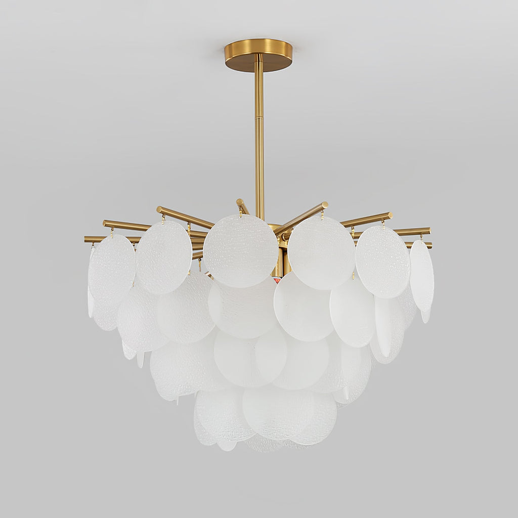 Unlit Clérachic chandelier of overlapping frosted discs on a grey backdrop, with a short brass rod above.