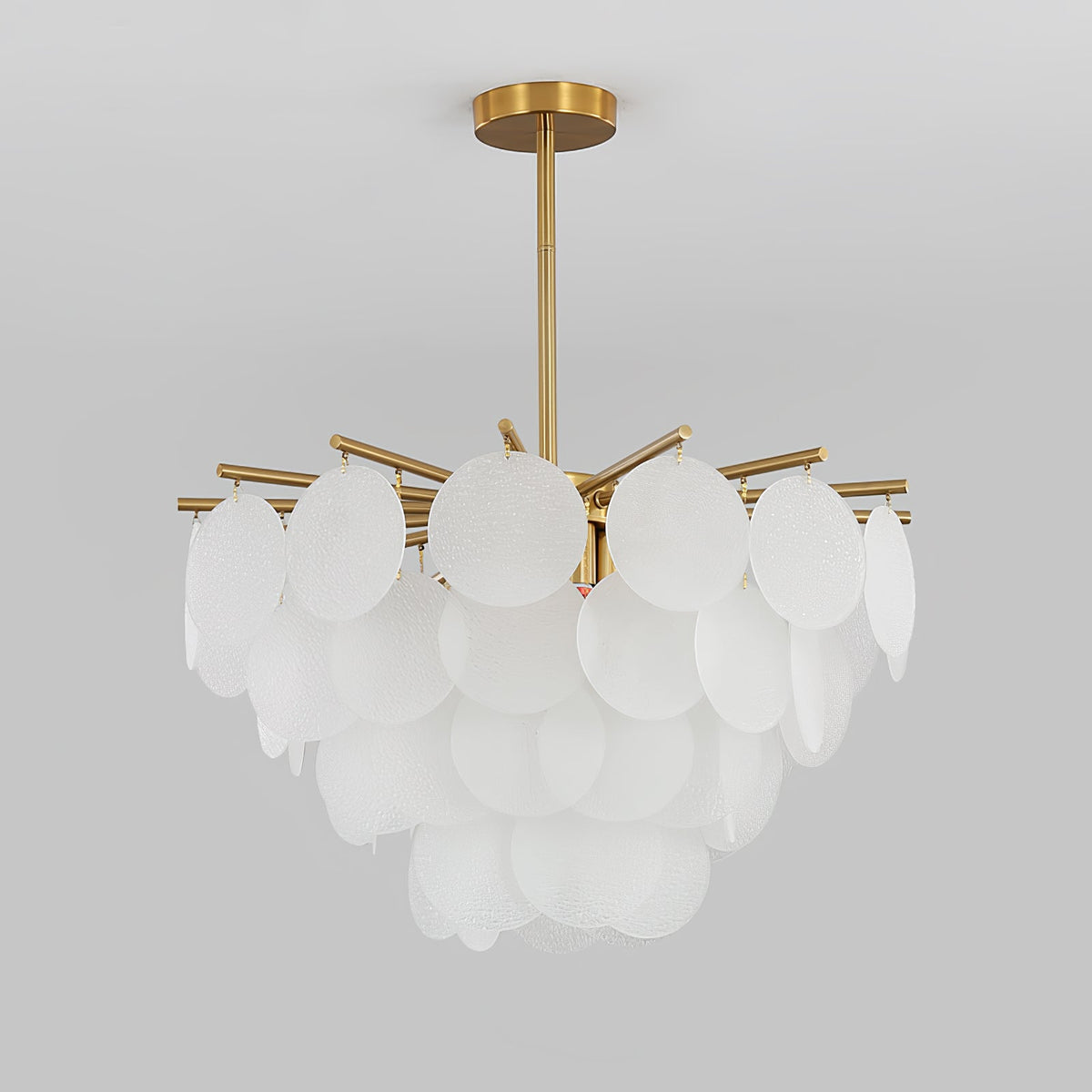 Unlit Clérachic chandelier of overlapping frosted discs on a grey backdrop, with a short brass rod above.