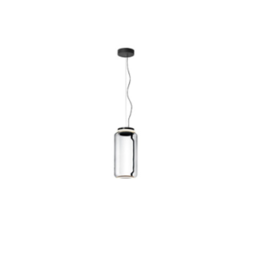Clérachic tiered glass pendant as a single clear cylinder on a black cord, LED ring glowing at the cap.