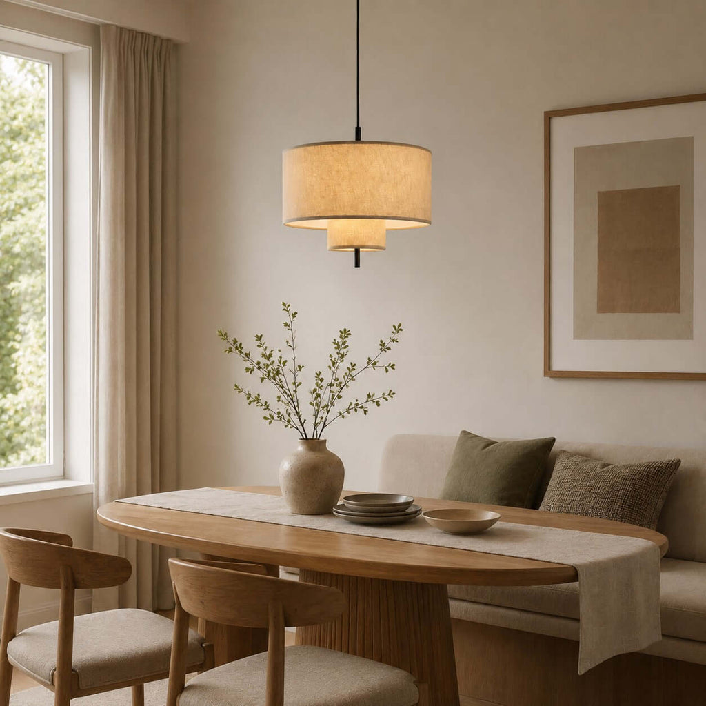 Lit Clérachic pendant over an oval wooden table set with a runner and plates, an olive-green cushioned bench against the wall.