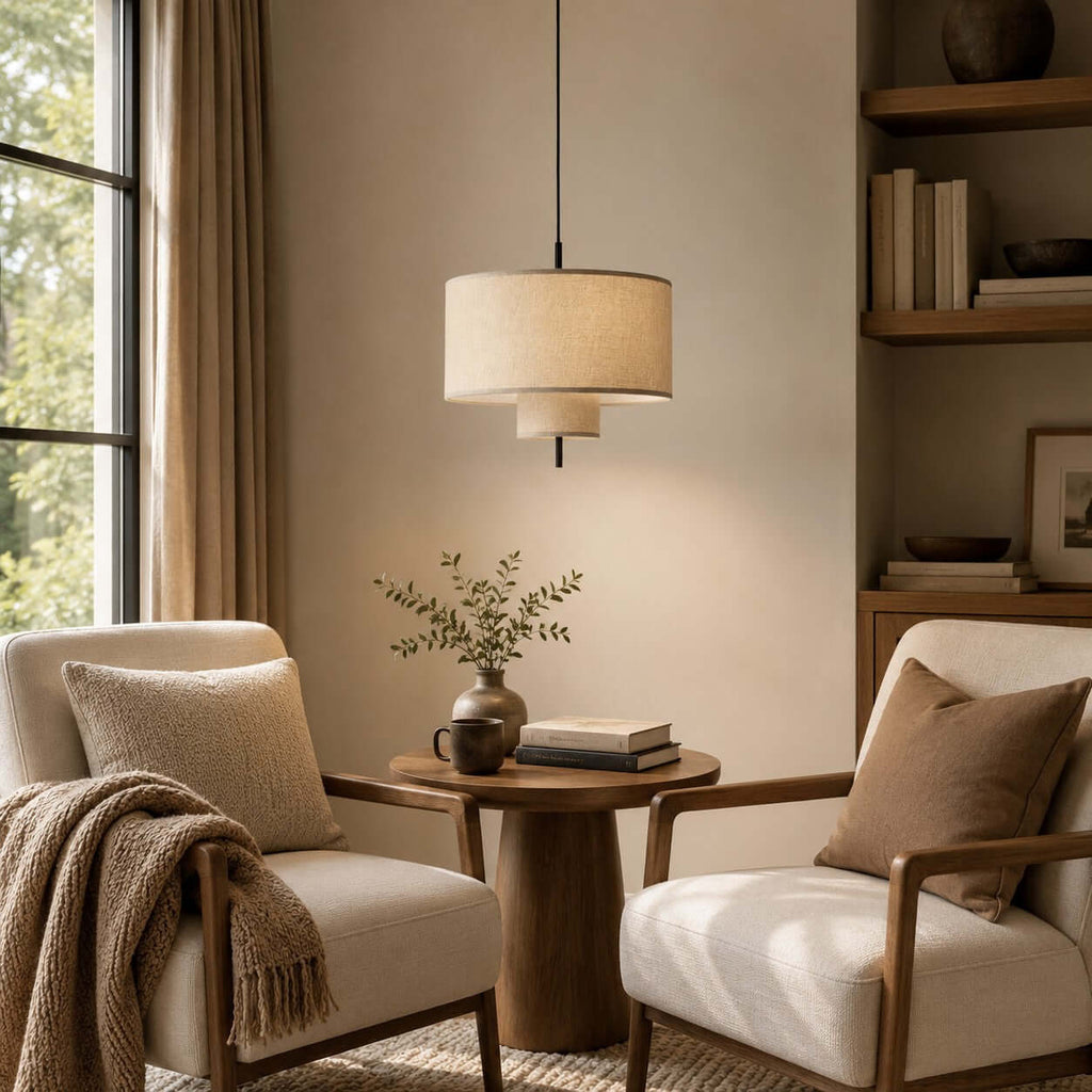 Clérachic linen pendant hanging in a reading corner between two cream armchairs, with a round wooden side table below.