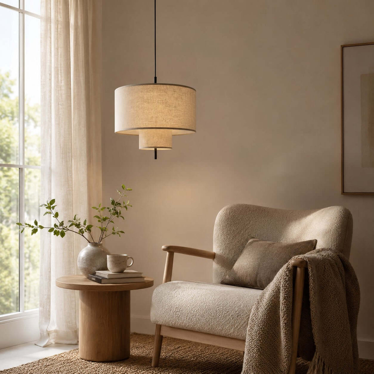Clérachic pendant with a lit linen shade above a boucle armchair and a round wooden side table, sheer curtains at the window.