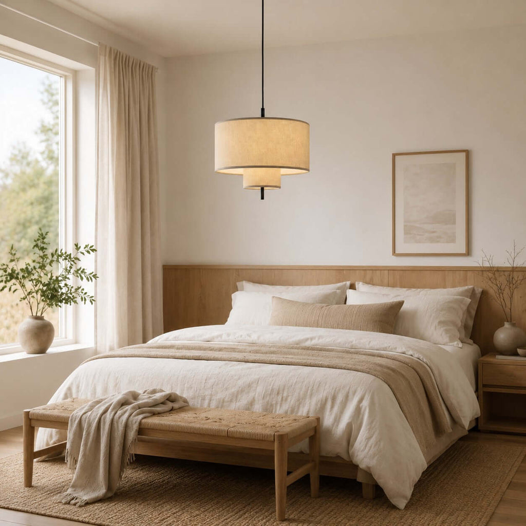Tiered Clérachic pendant glowing over a bed with white and oatmeal linen, a woven bench at its foot and trees outside the window.