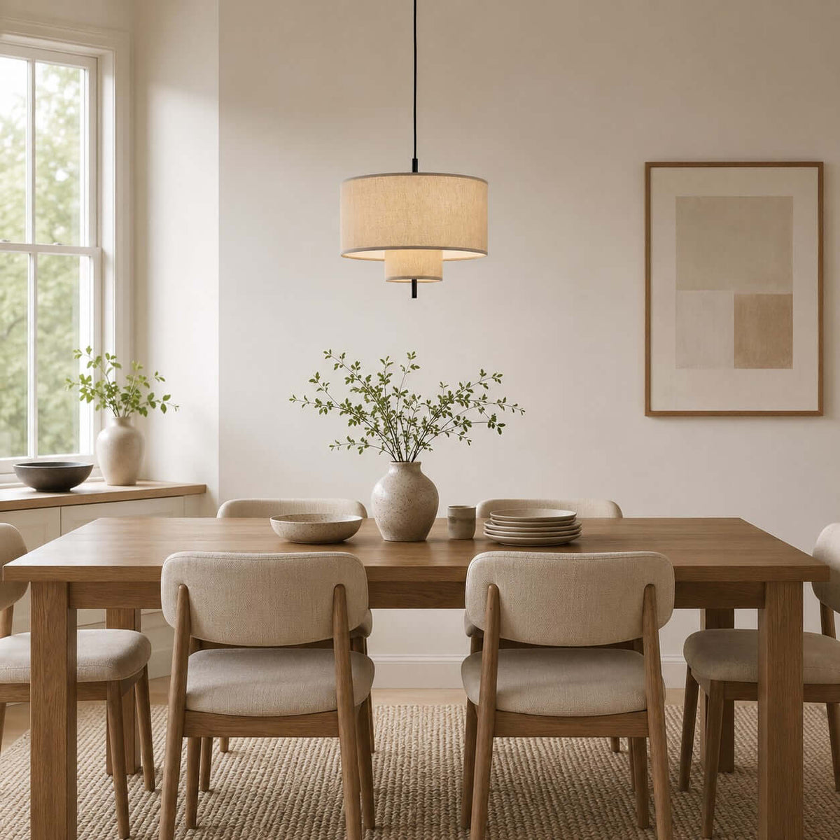 Clérachic pendant with a lit linen shade over a wooden dining table with cream chairs, a vase of green stems at its centre.