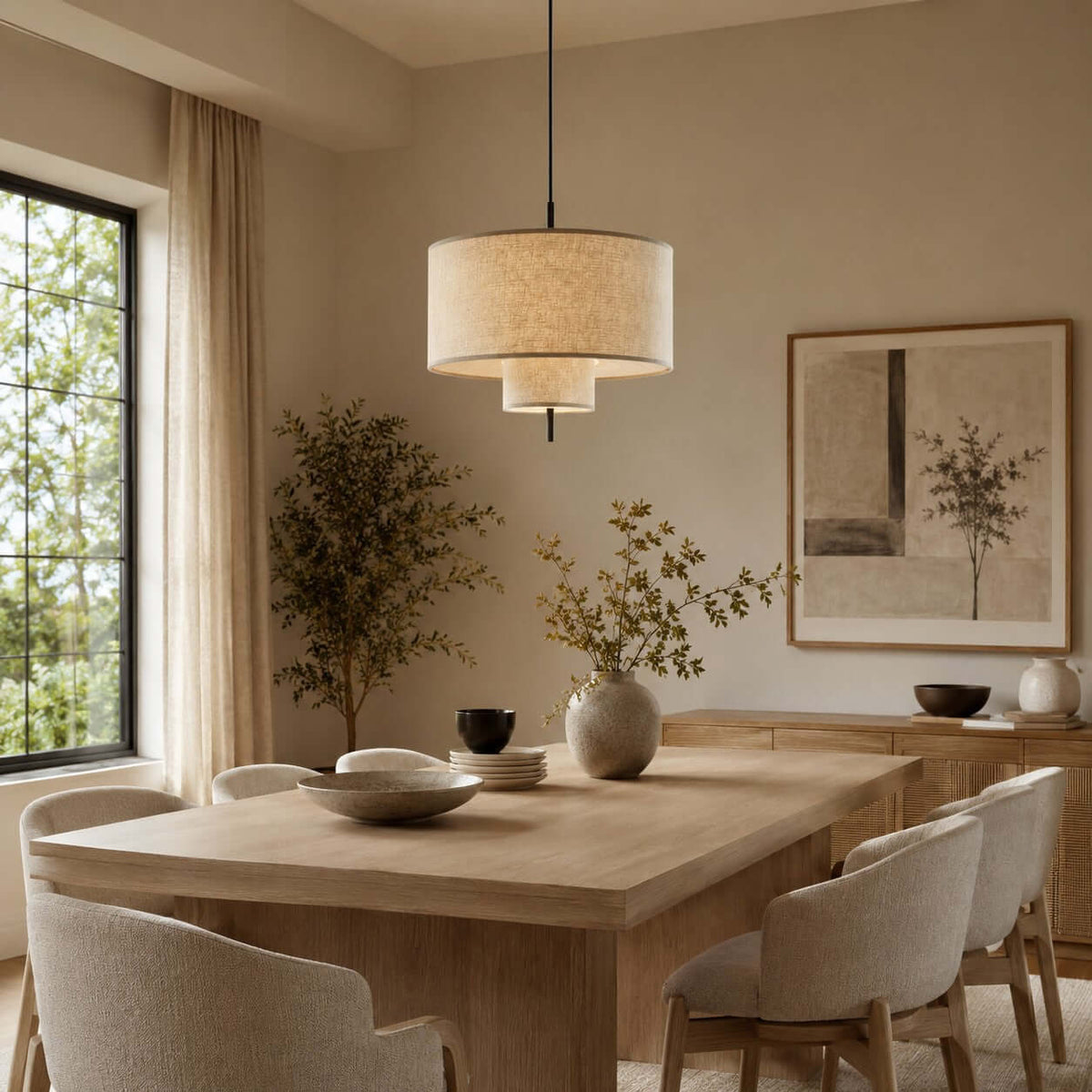 Warm light from a Clérachic tiered pendant above a light oak table, with curved cream chairs and a potted olive tree beside it.