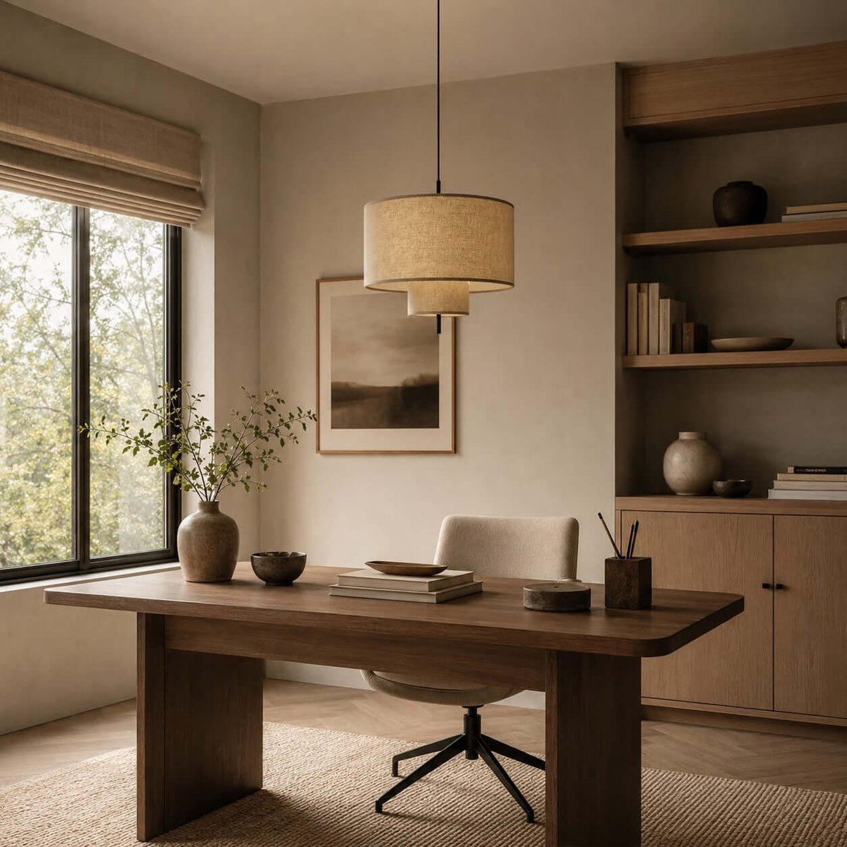 Lit Clérachic pendant over a dark wooden desk, with built-in shelving and a window looking onto trees behind it.