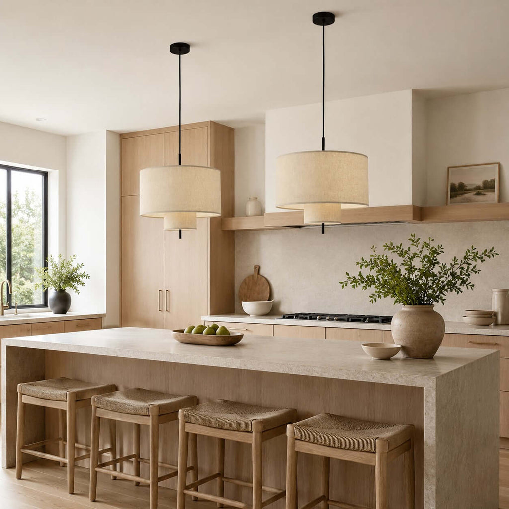 Two Clérachic pendants at different heights over a stone-topped kitchen island lined with woven stools.
