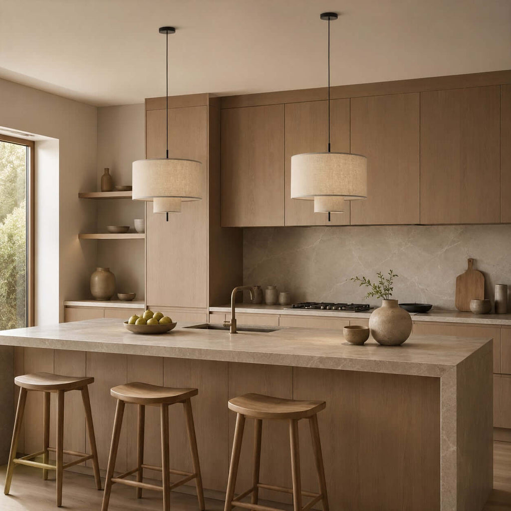 A pair of tiered Clérachic pendants hung over a kitchen island with wooden stools, against oak cabinetry and a stone splashback.