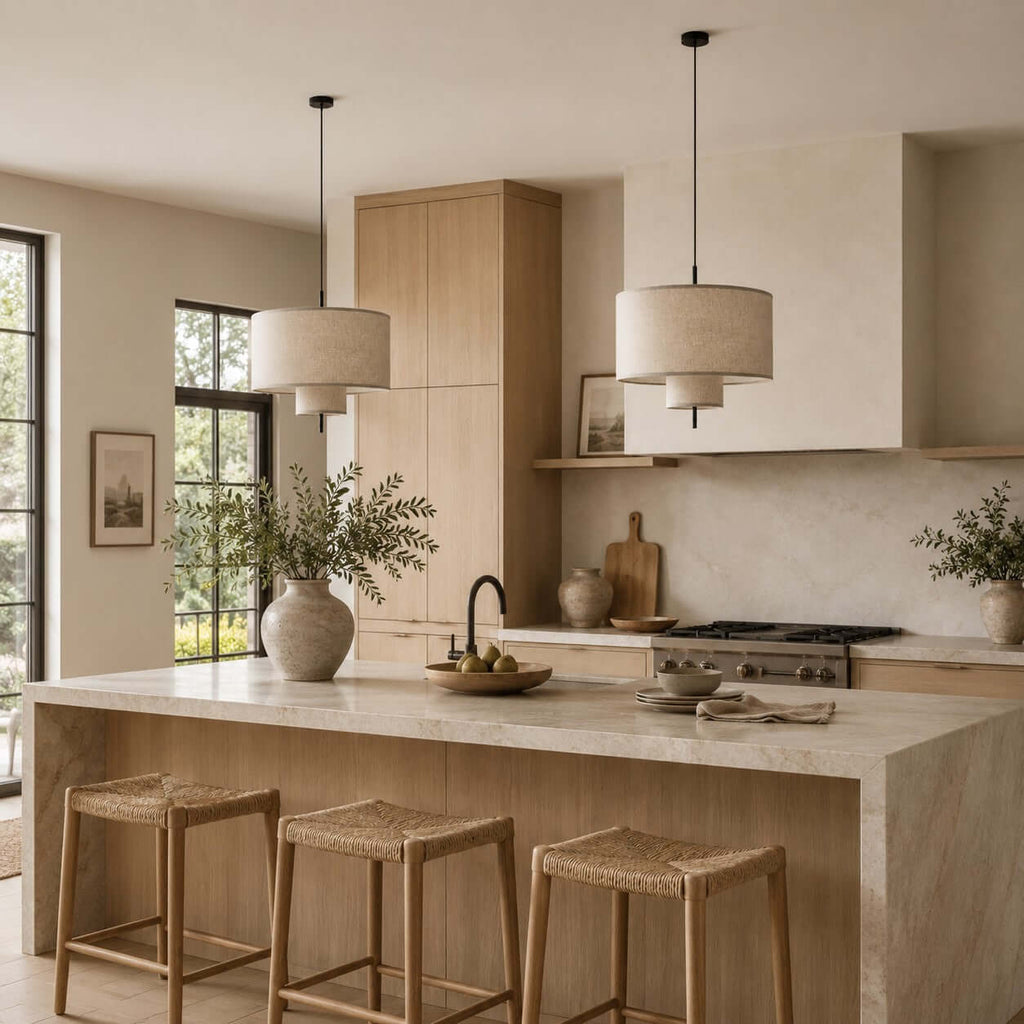 Clérachic linen pendants above a kitchen island with woven-seat stools, black-framed windows and a fruit bowl on the counter.