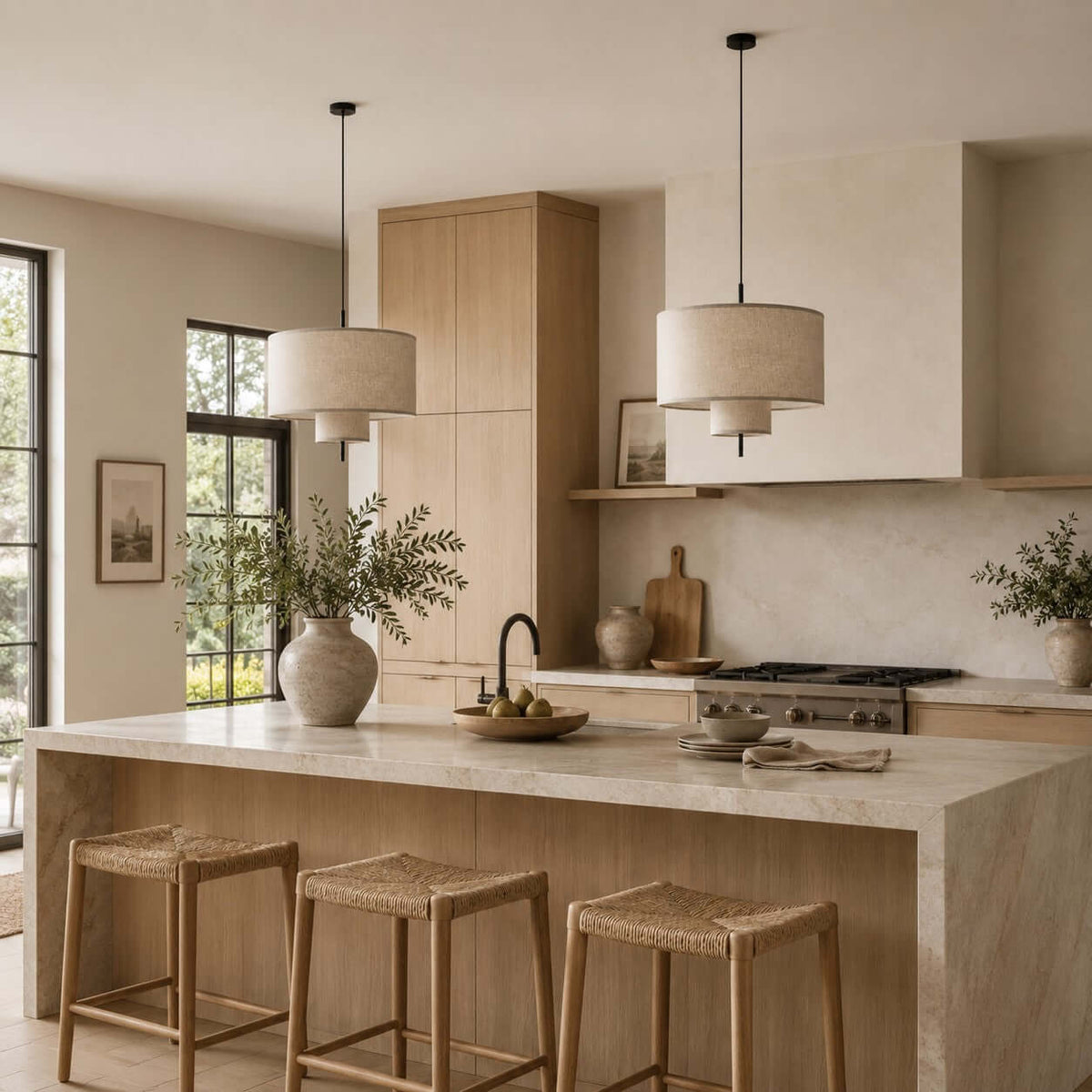Clérachic linen pendants above a kitchen island with woven-seat stools, black-framed windows and a fruit bowl on the counter.