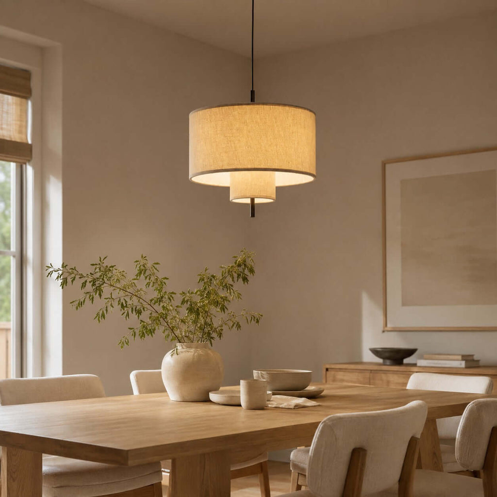 Clérachic pendant seen from a low angle, its linen shade glowing warm over a wooden dining table in a beige room.