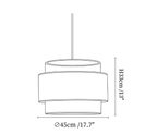 Clérachic pendant light dimension drawing, 1 of 3, every measurement marked in centimetres and inches.