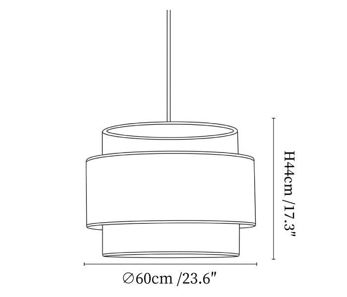 Clérachic pendant light dimension drawing, 2 of 3, every measurement marked in centimetres and inches.