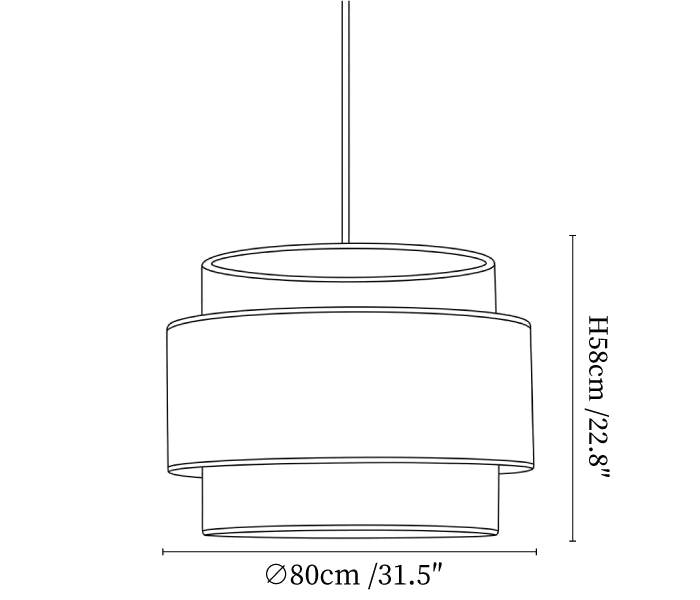 Clérachic pendant light dimension drawing, 3 of 3, every measurement marked in centimetres and inches.