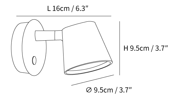 Dimension drawing of this Clérachic wall light, with its length of 16 cm and height and diameter of 9.5 cm marked.
