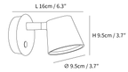 Dimension drawing of this Clérachic wall light, with its length of 16 cm and height and diameter of 9.5 cm marked.