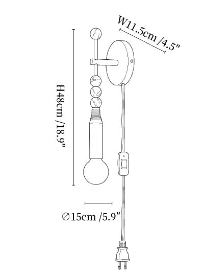 Dimension drawing of the toam plug in wall lamp, in outline against white.