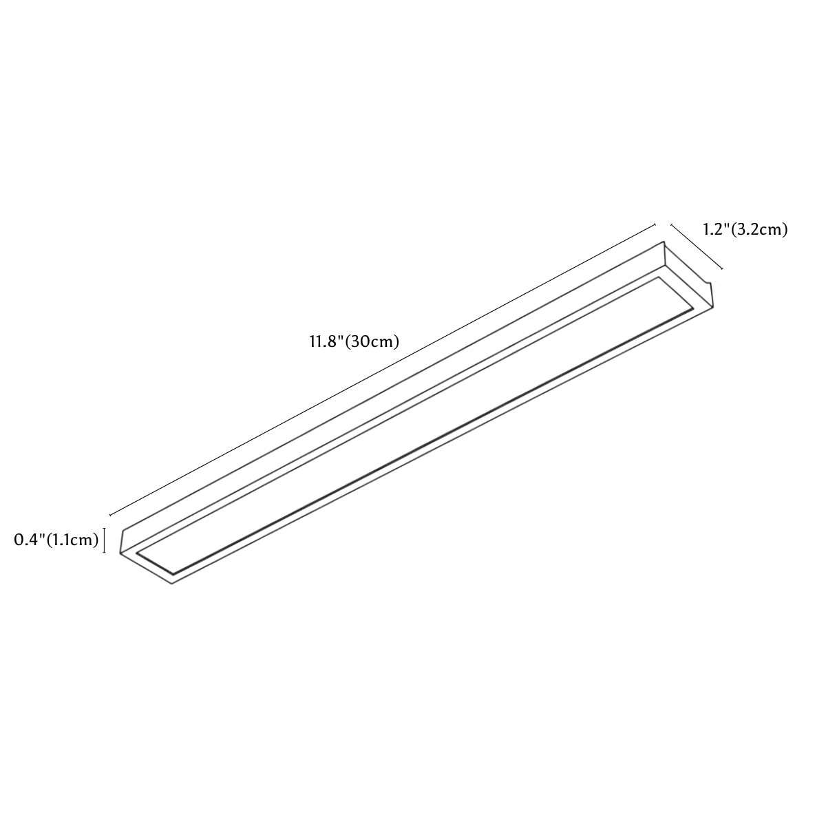 Clérachic track light dimension drawing, Floodlight, every measurement marked in centimetres and inches.