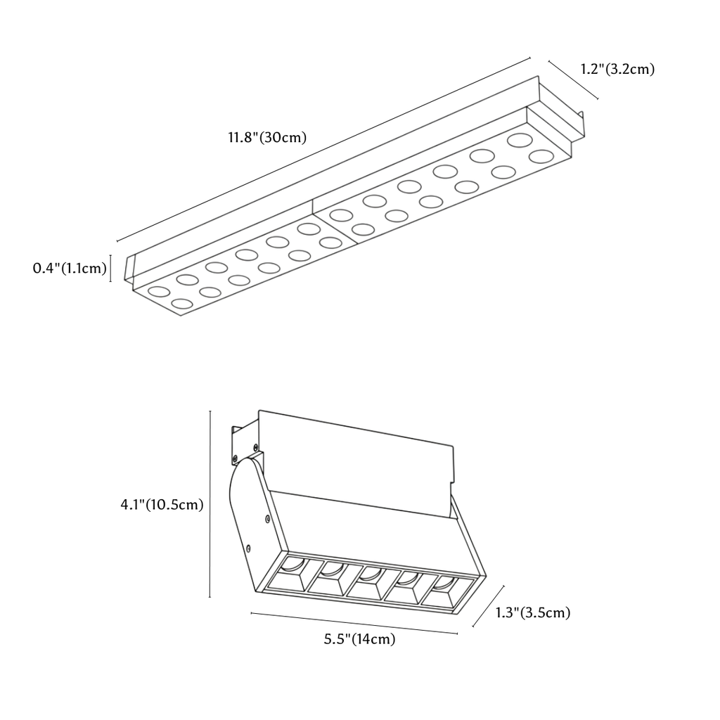 Clérachic track light dimension drawing, 2 of 4, every measurement marked in centimetres and inches.