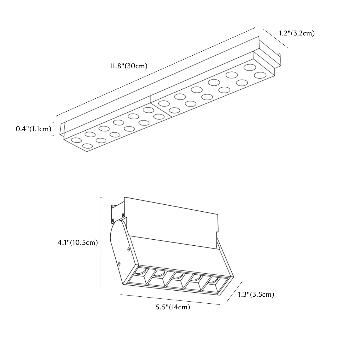 Clérachic track light dimension drawing, 2 of 4, every measurement marked in centimetres and inches.