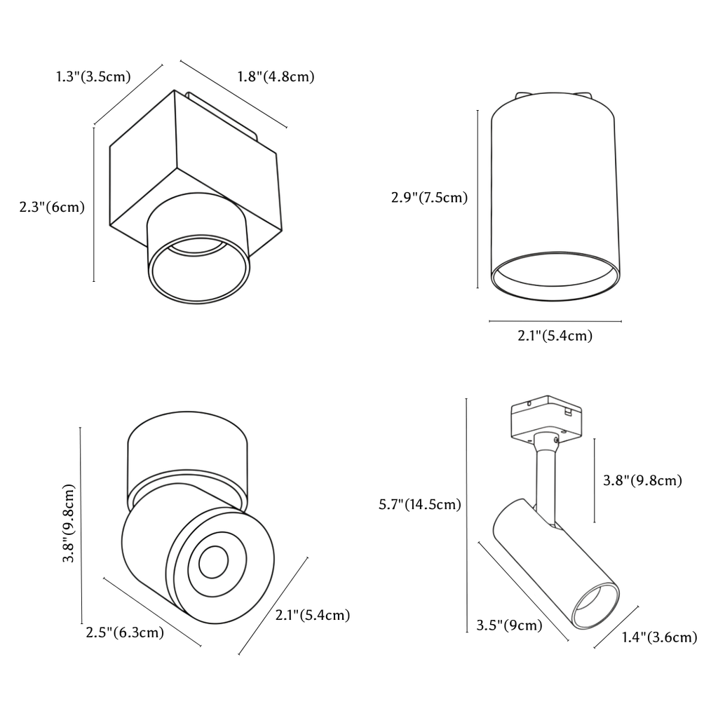 Clérachic track light dimension drawing, Spotlight, every measurement marked in centimetres and inches.