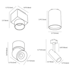 Clérachic track light dimension drawing, Spotlight, every measurement marked in centimetres and inches.