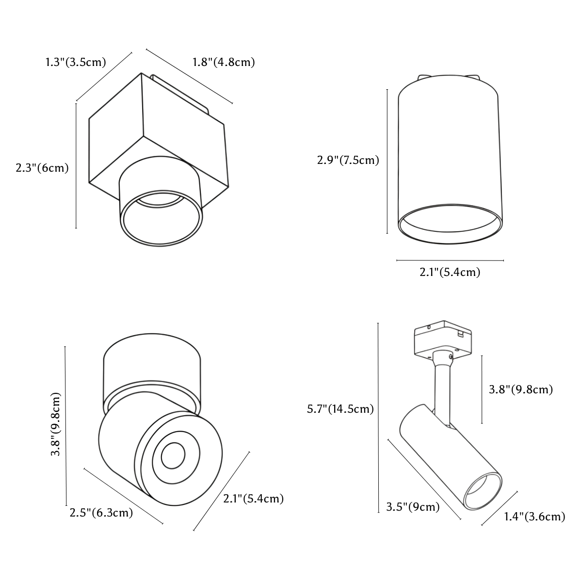 Clérachic track light dimension drawing, Spotlight, every measurement marked in centimetres and inches.