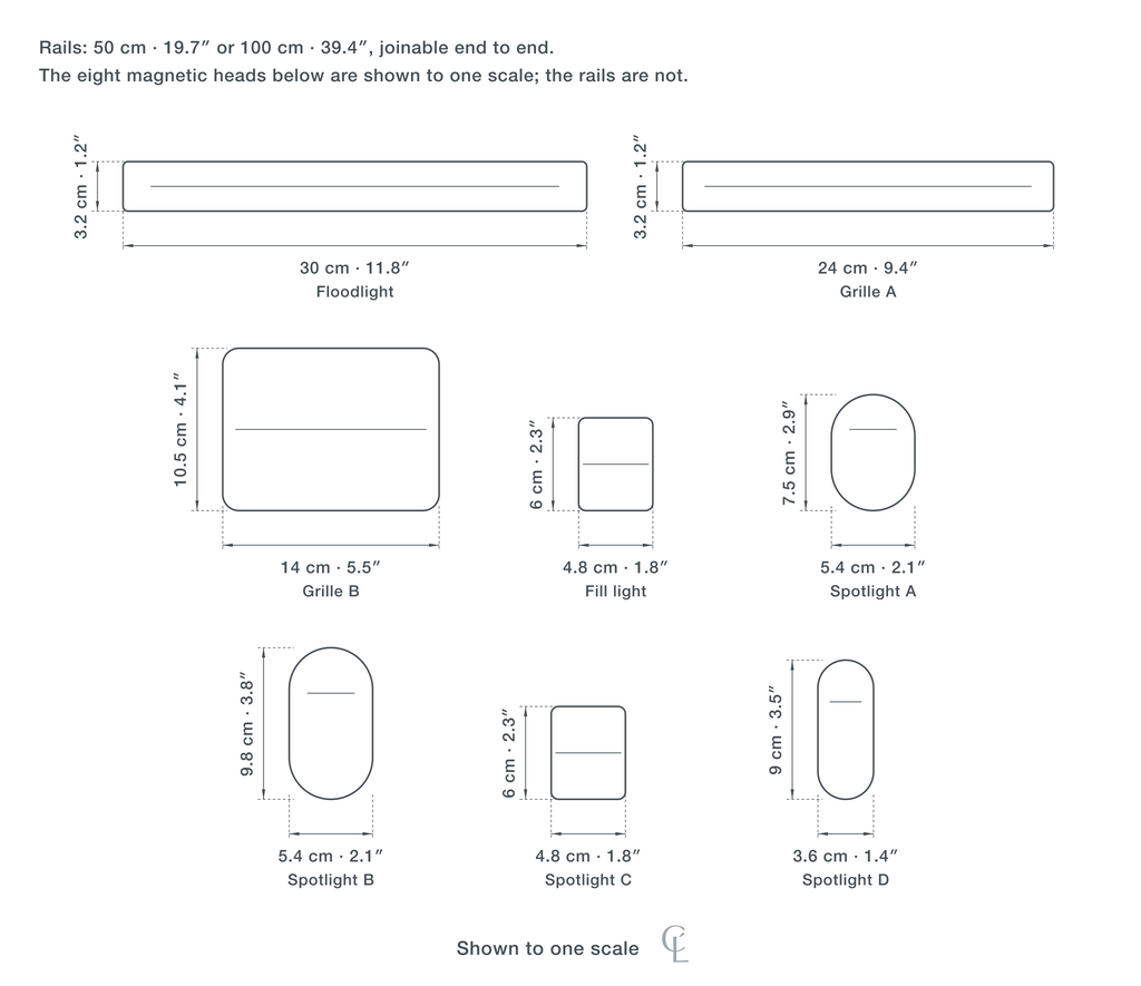 Technical dimension drawing of the Clérachic Magnetic Track Light for Kitchen Island — rails 50 cm (19.7″) or 100 cm (39.4″) joinable end to end, with the eight magnetic heads to one scale: floodlight 30 × 3.2 cm (11.8 × 1.2″), grille A 24 × 3.2 cm (9.4 × 1.2″), grille B 14 × 10.5 cm (5.5 × 4.1″), fill light 4.8 × 6 cm (1.8 × 2.3″), spotlight A 5.4 × 7.5 cm (2.1 × 2.9″), B 5.4 × 9.8 cm (2.1 × 3.8″), C 4.8 × 6 cm, D 3.6 × 9 cm (1.4 × 3.5″).