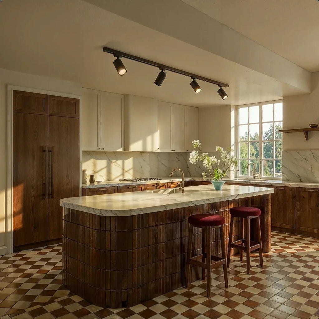 Clérachic track lighting system in black, four spotlights angled down over a marble-topped kitchen island.